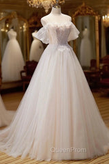 Champagne Floor Length Lace Long Evening Prom Dresses, Off the Shoulder Evening Dresses