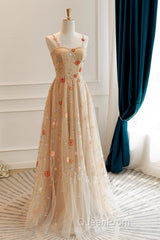 Champagne Floral Tulle Straps Sweetheart Wedding Party Dresses, A-Line Tulle Long Evening Prom Dresses