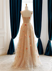 Champagne Floral Tulle Straps Sweetheart Wedding Party Dresses, A-Line Tulle Long Evening Prom Dresses