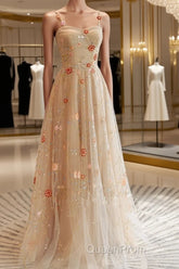 Champagne Floral Tulle Straps Sweetheart Wedding Party Dresses, A-Line Tulle Long Evening Prom Dresses