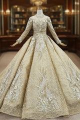 Champagne Gold Ball Gown Lace Sequins High Neck Long Sleeve Wedding Dresses