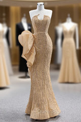 Champagne Gold Mermaid Sequins Strapless Evening Prom Dresses
