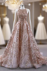 Champagne Gold Sequins Sleeve Evening Prom Dresses