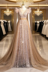 Champagne Gold Sequins Tulle Evening Prom Dresses