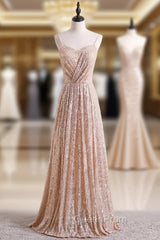 Champagne Gold Seuqins Spaghetti Straps Evening Prom Dresses
