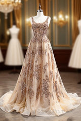 Champagne Gold Tulle Sequins Beading Evening Prom Dresses