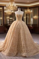 Champagne Gold Tulle Sequins Strapless Evening Prom Dresses