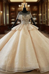 Champagne Gold Tulle Seuqins Backless Beading Wedding Dresses