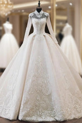 Champagne High Neck Long Sleeve Lace Appliques Beading Wedding Dresses