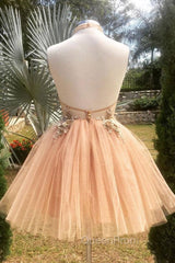 Champagne High Neck Tulle Lace Short Evening Prom Dresses Tulle Evening Dresses