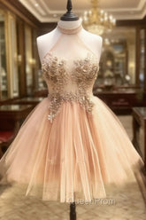 Champagne High Neck Tulle Lace Short Evening Prom Dresses Tulle Evening Dresses