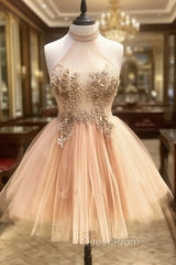 Champagne High Neck Tulle Lace Short Evening Prom Dresses Tulle Evening Dresses