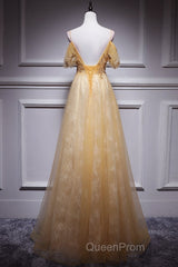 Champagne Lace Off Shoulder Long Party Dresses , Cute Tulle Formal Dresses Evening Prom Dresses