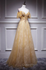 Champagne Lace Off Shoulder Long Party Dresses , Cute Tulle Formal Dresses Evening Prom Dresses