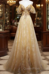 Champagne Lace Off Shoulder Long Party Dresses , Cute Tulle Formal Dresses Evening Prom Dresses