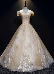 Champagne Lace Off Shoulder Party Dresses, Ball Gown Tulle Evening Dresses Evening Dresses
