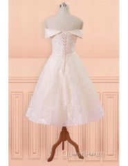 Champagne Lace Off Shoulder Tea Length Wedding Dresses With Sash