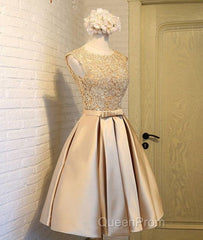 Champagne Lace Short Evening Prom Dresses, Cute Homecoming Dresses