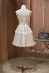 Champagne Lace Short Evening Prom Dresses, Spaghetti Straps Party Dresses with Pearl