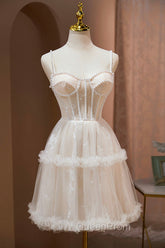 Champagne Lace Short Evening Prom Dresses, Spaghetti Straps Party Dresses with Pearl