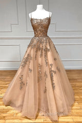 Champagne Lace Tulle Long Evening Prom Dresses Formal Evening Dresses Ball Gown
