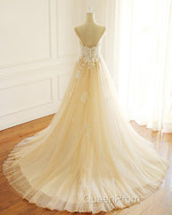 Champagne Long A-line Sweetheart Tulle Spaghetti Sweep Train Wedding Dresses