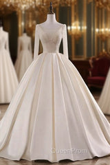 Champagne Long Sleeve Backless Satin Beading Wedding Dresses