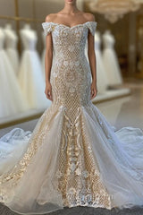 Champagne Mermaid Appliques Beading Wedding Dresses