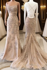 Champagne Mermaid Backless Lace Appliques Long Evening Prom Dresses, Champagne Lace Formal Dresses, Champagne Graduation Evening Dresses