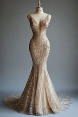 Champagne Mermaid Deep V Neck Tulle Sequin Beaded Long Evening Prom Dresses Sexy Evening Dresses