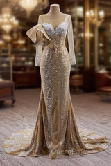 Champagne Mermaid Long Sleeve Beading Evening Prom Dresses