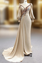 Champagne Mermaid Satin Long Sleeve Beading Evening Prom Dresses