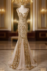Champagne Mermaid Sequins Straps Evening Dresses, Champagne Sequins Evening Prom Dresses