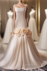 Champagne Mermaid Spaghetti Straps Pearls Flower Wedding Dresses