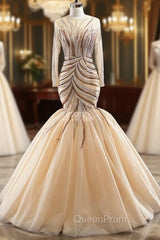 Champagne Mermaid Tulle Beading Long Sleeve Evening Prom Dresses