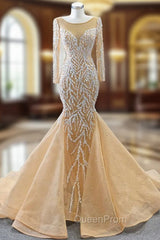 Champagne Mermaid Tulle Long Sleeve Pearls Evening Prom Dresses
