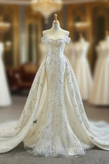 Champagne Mermaid Tulle Off the Shoulder Beading Sequins Evening Prom Dresses With Removable Train