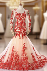 Champagne Mermaid Tulle Res Appliques Long Sleeve Evening Dresses