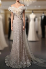 Champagne Mermaid Tulle Sequins Off the Shoulder Evening Prom Dresses