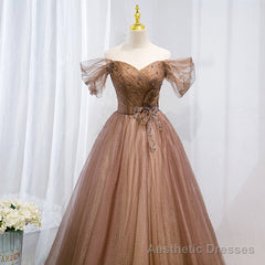 Champagne Off Shoulder Beaded A-line Tulle Long Party Dress, Long Evening Gown