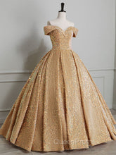 Champagne Off Shoulder Sequin Long Evening Prom Dresses, Champagne Evening Dresses