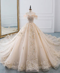 Champagne Off Shoulder Tulle Lace Long Wedding Dresses, Wedding Gown Evening Prom Dresses
