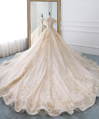 Champagne Off Shoulder Tulle Lace Long Wedding Dresses, Wedding Gown Evening Prom Dresses