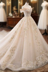 Champagne Off Shoulder Tulle Lace Long Wedding Dresses, Wedding Gown Evening Prom Dresses