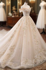 Champagne Off Shoulder Tulle Lace Long Wedding Dresses, Wedding Gown Evening Prom Dresses