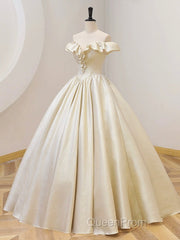 Champagne Off The Shoulder Floor Length Evening Prom Dresses, Elegant A-Line Evening Party Dresses