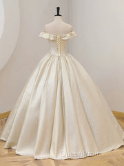 Champagne Off The Shoulder Floor Length Evening Prom Dresses, Elegant A-Line Evening Party Dresses