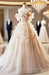 Champagne Off the Shoulder Tulle Floral Floor Length Long Evening Prom Dresses