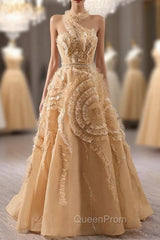 Champagne One Shouder Tulle Evening Prom Dresses