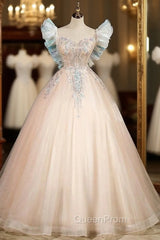 Champagne Pink Tulle Sequins Appliques Quinceanera Dresses